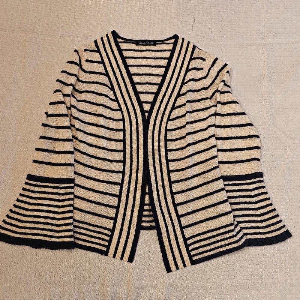 Claudia Nicole Cashmere Cardigan XS White Navy Stripe Bell Sleeve Lightweight